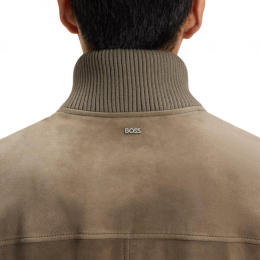 BOSS zipper pocket stand collar long sleeve leather jacket for men brown S