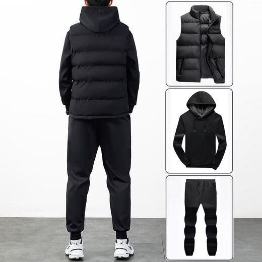 Playboy (PLAYBOY) autumn and winter sports suit men's casual hooded sweatshirt plus velvet vest new velvet thickened three-piece suit men's fashion black three-piece suit pure cotton velvet plus velvet XL 115-130Jin Jin is equal to 0.5 kg