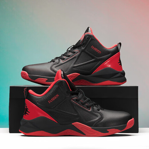 【高帮篮球鞋】男秋季百搭高帮运动篮球鞋青少年减震防滑跑步鞋 黑红 【皮面防水】 42 (260mm)