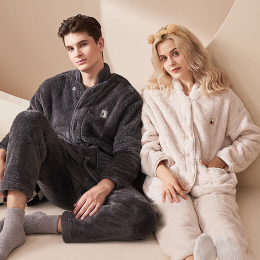 PICTURE French imported coral velvet pajamas for women winter couple antibacterial plus velvet thickened warm can be worn outside home clothes set off-white women's model W238B M (recommended 90-110Jin Jin equals 0.5 kg)