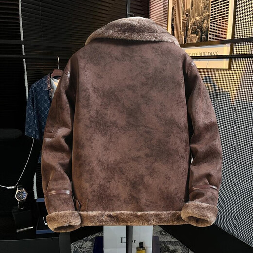 Light luxury retro leather jacket Angora red winter velvet thickened jacket large size motorcycle jacket fur one-piece jacket for men Agra red S