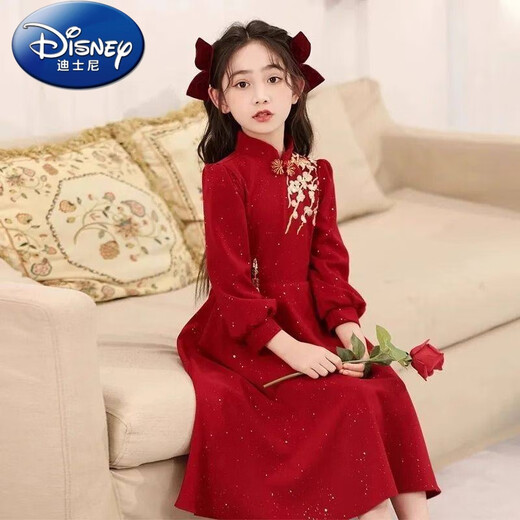 Disney (Disney) girls Chinese style velvet dress 2025 new style red girl princess skirt thickened New Year's greeting dress Chinese style dress without velvet 140