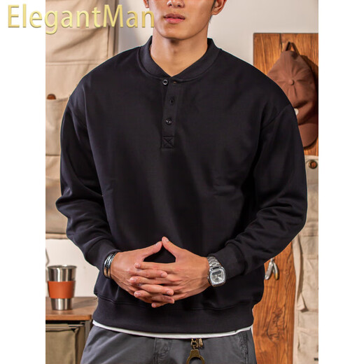 ElegantMan Winter and Autumn Henley Collar Sweatshirt Men's Pullover 320g Heavy New Henley Shirt Jacket Top Long Sleeve Casual Men Black M