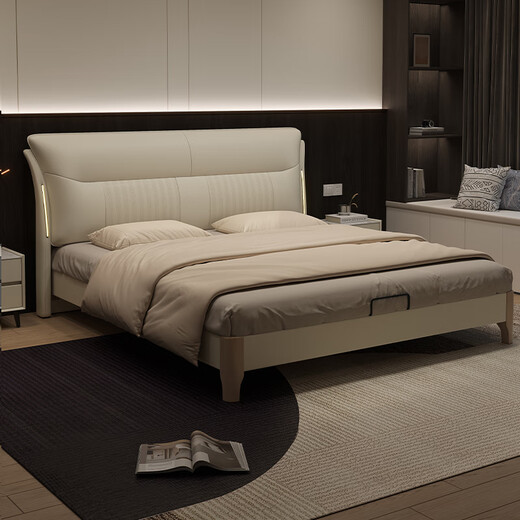 Hongteng 24-hour delivery Foshan Italian light luxury style leather bed mortise and tenon solid wood bed 1.8m