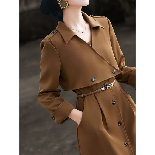 Lancer 2025 new autumn style high-end commuting fake two-piece long-sleeved waist belted suit dress brown brown M