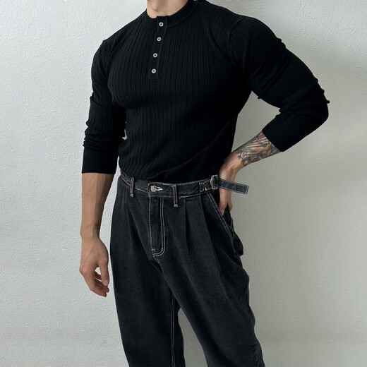 Henry collar long-sleeved sweater men's spring new American high-end muscular men's fitness all-match slim T-shirt black M
