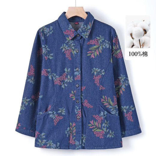 Middle-aged mother's spring and autumn clothing shirt jacket middle-aged and elderly women's printed denim top grandma's summer large size denim blue L (recommended 100Jin Jin equals within 0.5 kg)