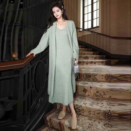 French gentle style style sweater knitted dress suit spring and autumn cardigan suspender long skirt two-piece set for women purple factory straight hair S S recommended 80Jin Jin equals 0.5kg -95Jin Jin equals 0.5kg