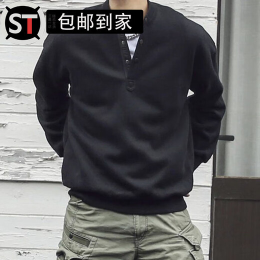 Shantou Lincun Hangzhou ASUS men's clothing Japanese retro autumn and winter men's Henry collar long-sleeved T-shirt bottoming shirt loose casual set QS-T88 black main picture 3XL