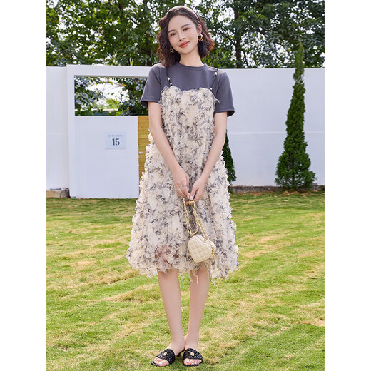 Shijanu parent-child outfit mother-daughter summer mother-daughter parent-child super fairy fake two-piece skirt summer new Korean version chiffon splicing short-sleeved medium 90 cm baby girl