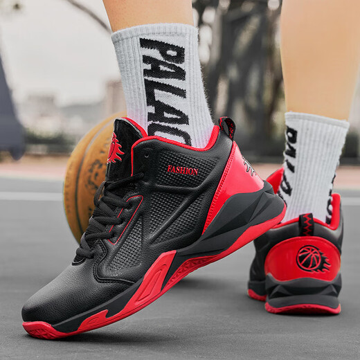 【高帮篮球鞋】男秋季百搭高帮运动篮球鞋青少年减震防滑跑步鞋 黑红 【皮面防水】 42 (260mm)