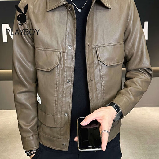 Playboy Motorcycle Leather Men's Jacket 2025 Spring and Autumn New Brown PU Leather Slim Short Retro Men's Clothes Jacket K6618 Coffee Color Regular M 90Jin Jin is equal to 0.5kg -110Jin Jin is equal to 0.5kg