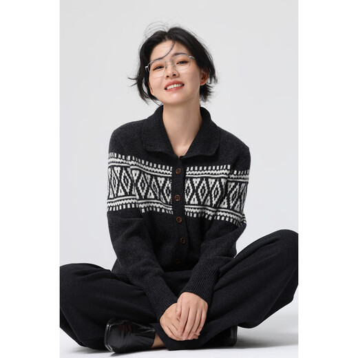 Xingshi WeTHEE 100 sheep wool medium thick Fair Isle cardigan sweater college style high collar multi-button women's sweater dark gray M