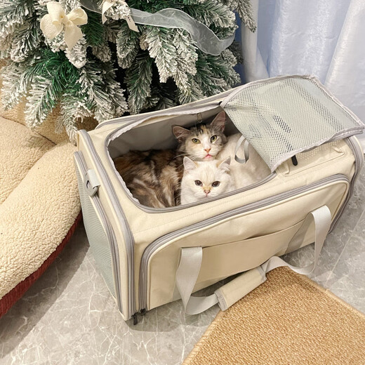baiwo大号双猫便携包加厚扩容猫咪手提笼 大号双向拓展米白色 L-大型