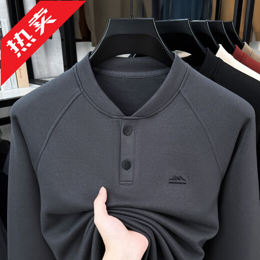 GOLDLION G+ German velvet two-button Henry collar sweatshirt men's autumn and winter new casual pullover loose long-sleeved bottoming shirt Khaki M (recommended 95-110Jin Jin equals 0.5 kg)