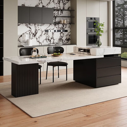 Pupan's new high-end Italian-style island dining table with wood grain integrated household retractable slate modern multi-functional kitchen guide table. Total length 1.95-2.4 meters 80*80 dominant rail socket basic slate flat island table