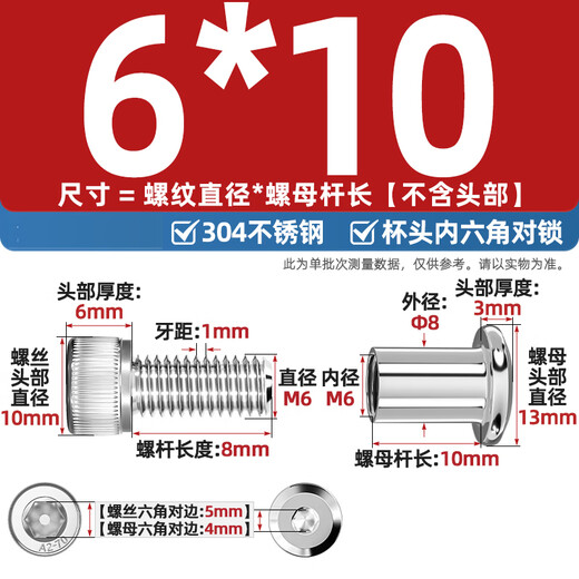 Fengji 304 stainless steel cup head hexagonal rivets butt locking screws and nuts splint furniture combination set M6*10-5 sets