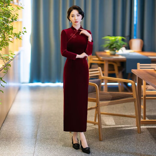 Pierre Cardin autumn and winter new velvet plus velvet cheongsam for women Chinese style retro slim slim long cheongsam dress for women black plus velvet thickened XL recommended 110-120Jin Jin equals 0.5 kg