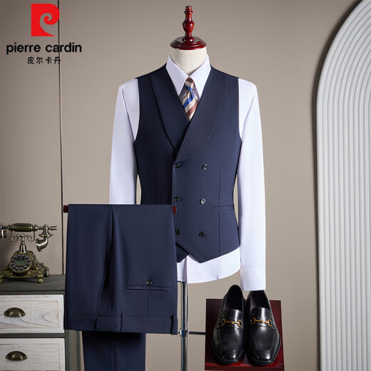 Pierre Cardin brand wool suit for men, business casual, Korean style, slim, large size, professional formal wear, groom and wedding suit, navy blue XL 52