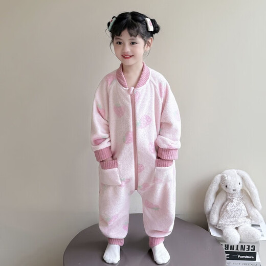 Baby coral velvet pajamas autumn and winter girls conjoined baby children's flannel sleeping bag thickened home clothes princess style off-white rabbit 100