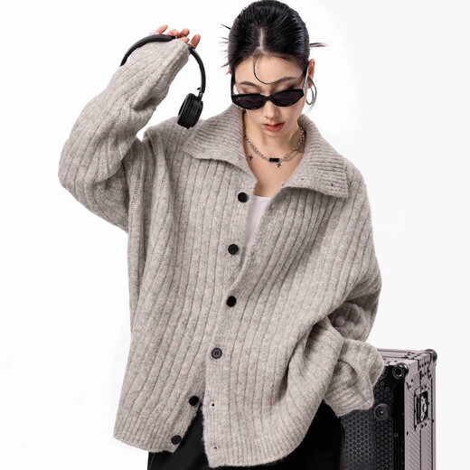 ICH MODE American old money style lapel knitted cardigan women's autumn and winter lazy sweater jacket loose top light gray S