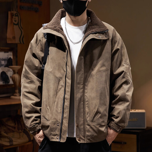 JEEP SPIRIT Jeep high-end Maillard cotton thickened warm velvet work jacket men's retro American 2025 winter jacket brown thick cotton color XL suitable for weight 145-160Jin Jin equals 0.5 kg