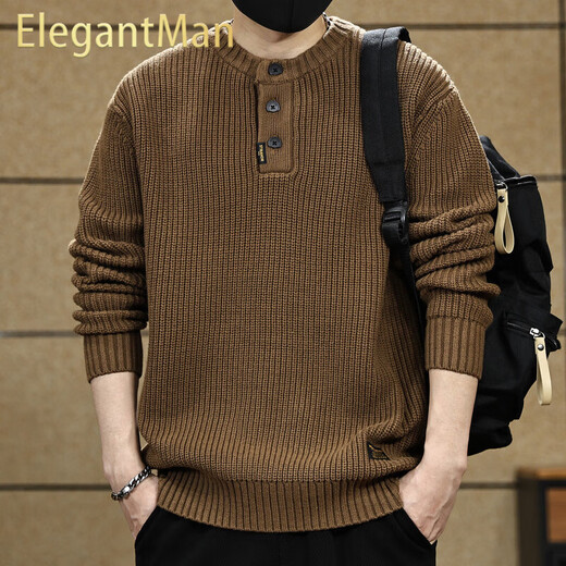 ElegantMan American retro Henry collar sweater for men in autumn and winter thickened loose lazy style vertical striped pullover sweater jacket Khaki S _ Suitable for 90-110Jin Jin equals 0.5 kg
