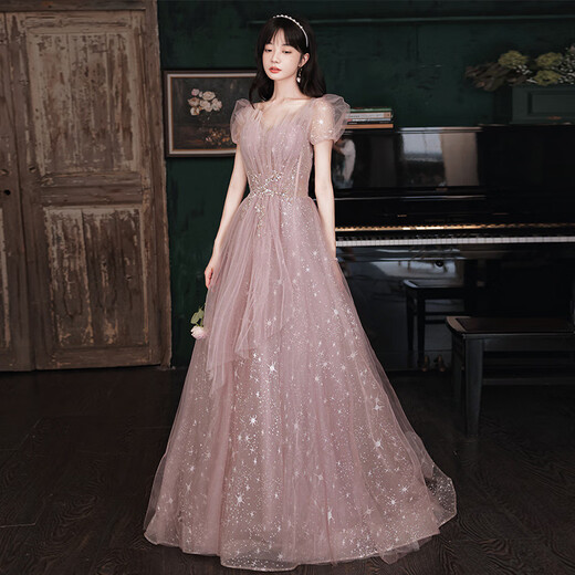 Fuling Art Exam Dress Female Music Student Bel Canto Elegant Banquet Elegant Evening Pink Hosting Performance Long Dress Fairy Pink Floor-length S