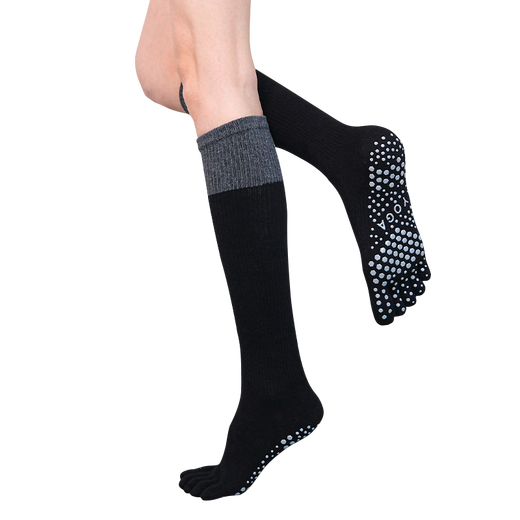 Duweck five-finger pressure socks yoga professional non-slip Pilates training indoor sports split-toed calf long tube contrasting color black