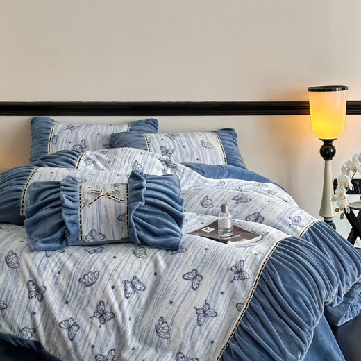 Belles Mercury Home Textiles Autumn and Winter Thickened Warm Baby Milk Velvet Four-piece Set French Retro Style Printed Coral Velvet Quilt Cover Butterfly Flying - Bentley Blue Sheet Type 1.5m Four-piece Set