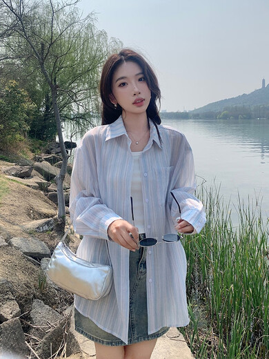 ONEDEW International Brand Summer 2025 New Sun Protection Clothes Women's Loose Tops Thin Design Long-Sleeved Striped Shirt Blue Blue Striped Original (Premium Edition) S Ready Stock One Size