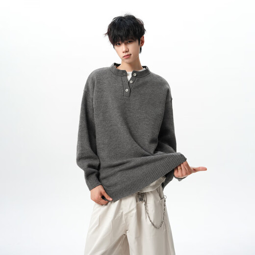 Carew micro Henry collar sweater men's large size student outdoor loose lazy style knitted sweater with warm base layer for men light gray M