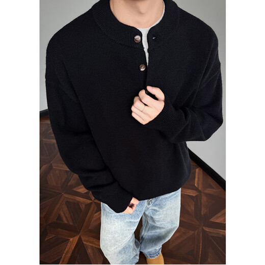 Katuchi American retro Henry collar sweater men's autumn and winter high-end loose inner bottoming sweater handsome top Khaki L