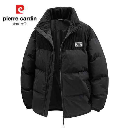 Pierre Cardin Japanese retro corduroy spliced thermal storage and heat-locking jacket, comfortable, breathable and windproof letter embroidered cotton coat, black XL