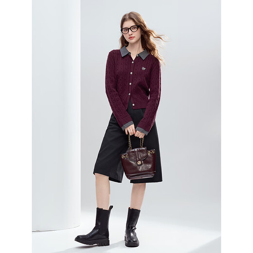 Betu women's 2025 winter new sweater lapel plaid stitching exquisite twisted rope fake two-piece top 2510T39 burgundy M