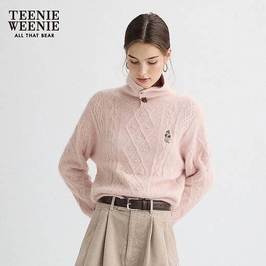 Teenie Weenie contains rabbit fur + wool bear girl retro cable knit sweater 25 autumn new sweater pink S