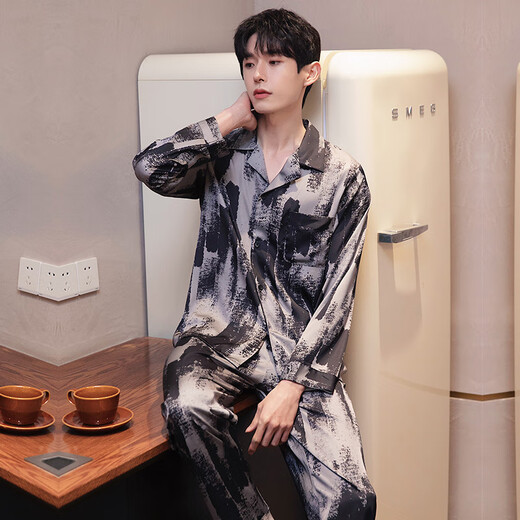 OUFANDI Herren -Pyjamas Eisseide Langarmhose Anzug Herren Sommer Dünne Großgröße Home Clothing 6626 Straight Herren Style L.