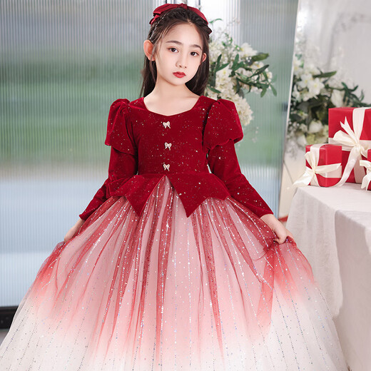 G.duck student dress, children's host evening dress, piano performance, girl's New Year's greeting dress, beautiful princess dress, autumn and winter, velvet long-sleeved red princess dress 130 cm