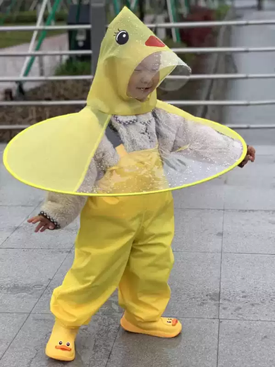 Fantasy Children's Raincoat and Rain Boots Set Little Yellow Duck Cape Style Umbrella Hat Boy 1 Year Old 2 Baby Kindergarten Girl Rain Pants Set One-piece Yellow Raincoat + Overalls Rain Boots S S