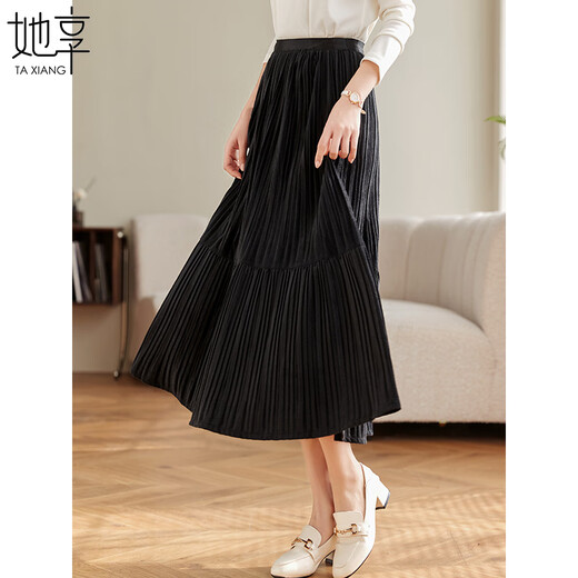 She Enjoys Skirt Women's Elastic Waist Splicing Design Pleated Skirt Fashionable Slimming Midi Skirt T13KB2249