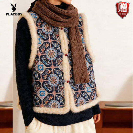Playboy (PLAYBOY) improved new Chinese style mink fur splicing vest, autumn and winter style Tang suit, retro, western style, everyday versatile national style short vest, official flagship picture S