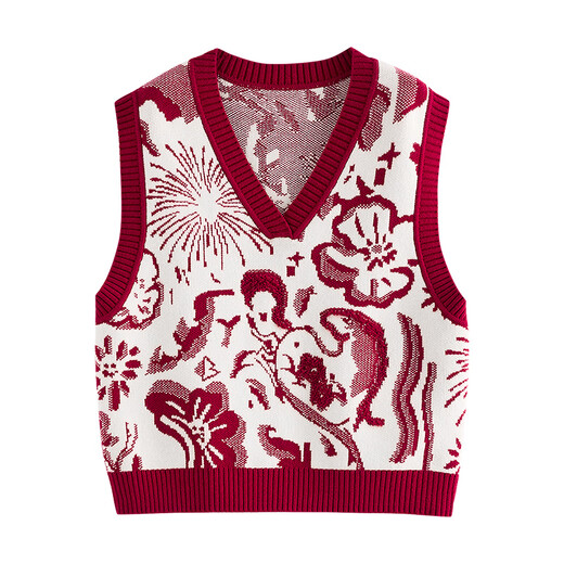 Chuyu Mengzhu Daji co-branded New Year's knitted vest for women 2025 Winter Art Year of the Horse Totem Top New Year Red M