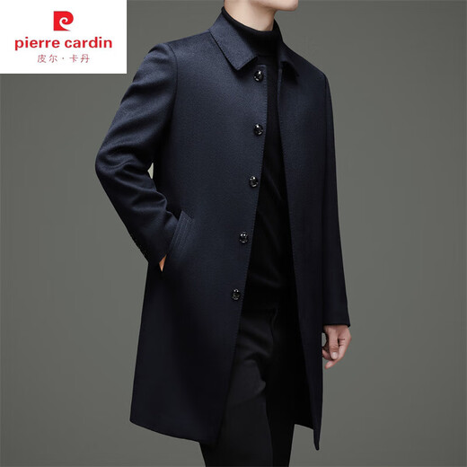 Pierre Cardin autumn and winter men's 100% pure cashmere coat long business casual lapel woolen coat mid-length woolen navy blue (lapel) thickened 24295 XL 180 For models with down lining, please contact customer service