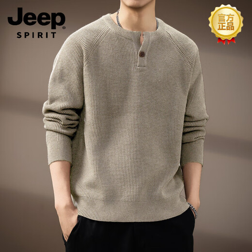 JEEP SPIRIT high-end American retro Henry collar men's sweater autumn new fashion brand loose lazy style casual wool oatmeal gray 2XL