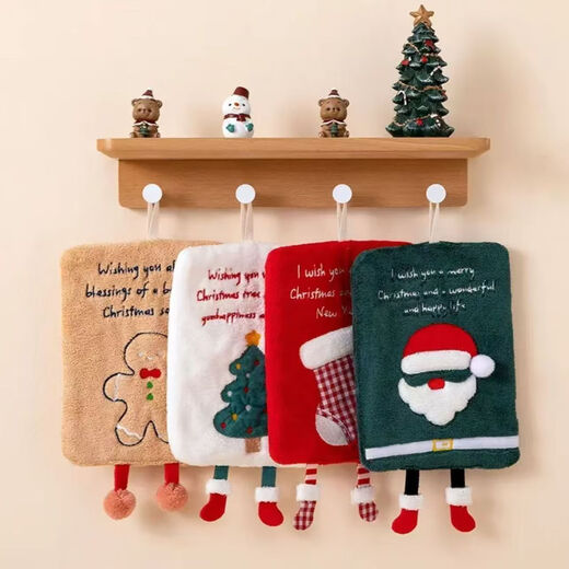 Coral velvet Christmas handkerchief, absorbent and quick-drying, kitchen and bathroom hand towel, hanging Christmas gift, square red Christmas stocking 1 pack