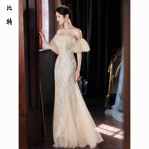 Mouth-turn one-shoulder evening dress for women, new style, light luxury, niche high-end banquet and adult ceremony, stunningly beautiful fishtail skirt, picture color XS