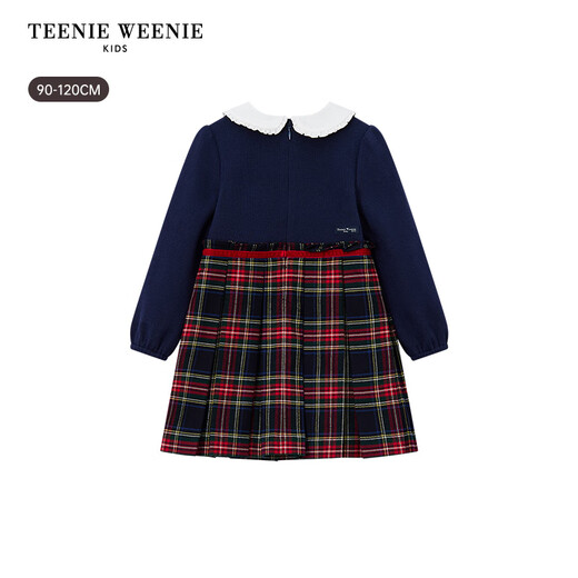 Teenie Weenie Kids 26 years new baby girl patchwork plaid long-sleeved dress navy blue 90cm