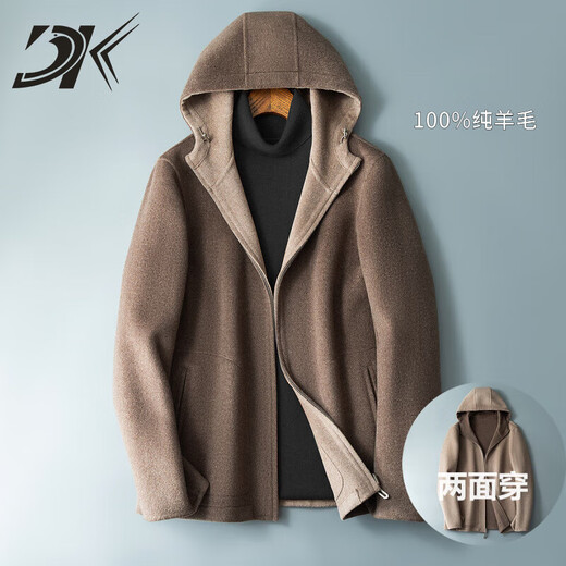 DK reversible 100% wool short coat men's reversible woolen coat hooded woolen jacket autumn and winter contrast color versatile camel+beige M (170) suitable for 100-130Jin Jin equals 0.5 kg