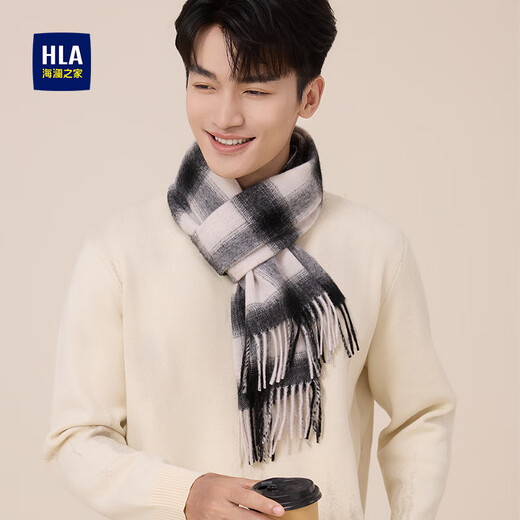 Heilan House Men's Pure Wool Scarf Fashion Plaid Scarf Versatile Autumn and Winter Warmth, Cold and Windproof Outdoor Black and Gray Plaid