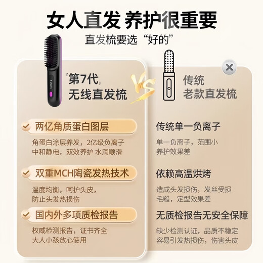 DIKTT German rechargeable wireless hair straightening comb with negative ions that won’t hurt your hair. It’s a hair straightening tool. It’s a household splint for straight hair and curls. It’s dual-purpose and anti-perm. It’s special for dormitories with low power and small fluffy hair salons. Starry Black. 900 million negative ions. It doesn’t hurt your hair. Worry-free after-sales service.